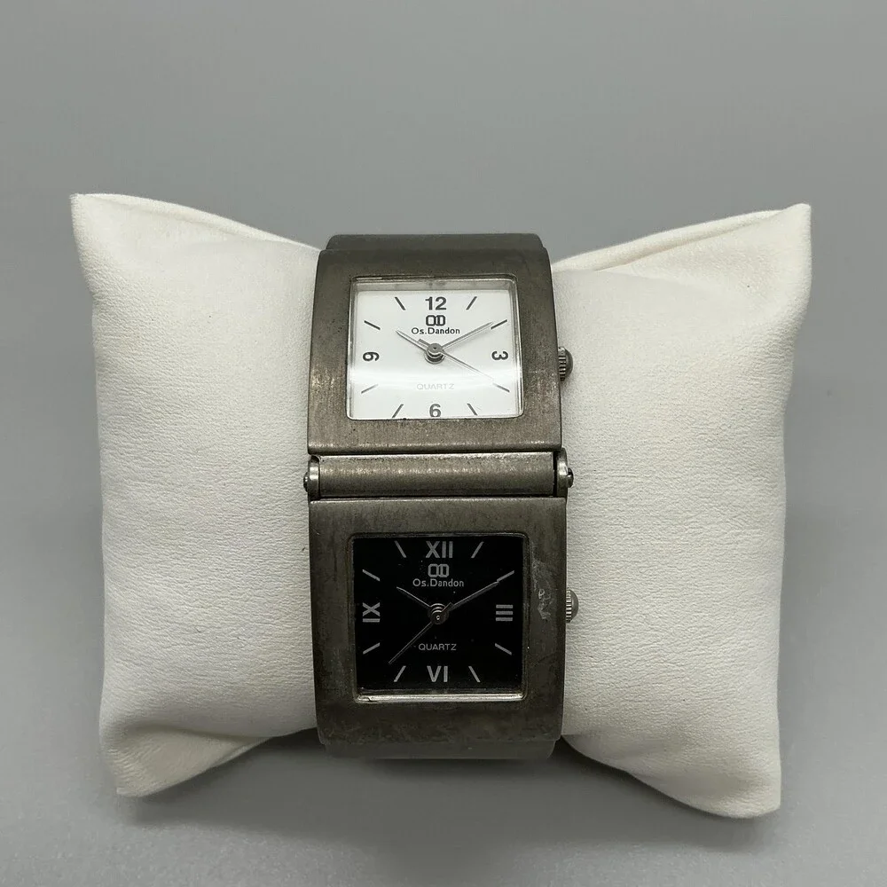 Os.Dandon Womens Watch 25mm Dual Time White Black Bracelet New Battery 7.75